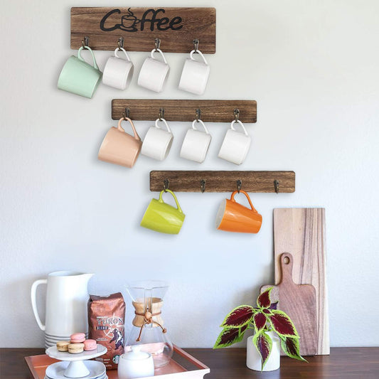 Olakee Coffee Mug Holder, Rustic Mug Rack Wall Mounted with Coffee Sign- 12 Coffee Cup Hangers for Kitchen Organizer, Coffee Nook Decor (Carbonized Black)