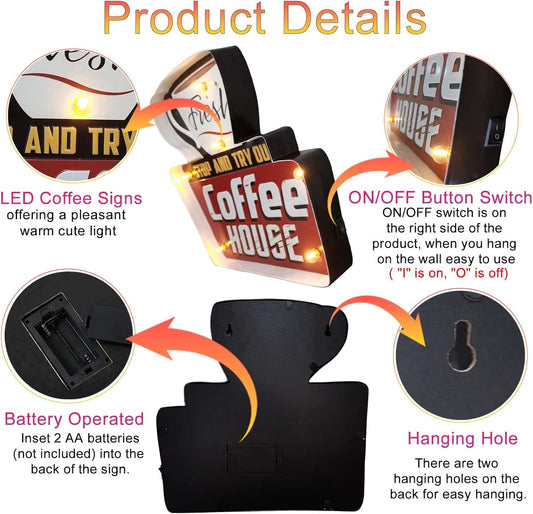 ACECAR Coffee Wall Decorations,Metal Vintage Handmade Marquee Embossed Tin Decor,Industrial Style Wall Hanging Sign,For Apartment,Home,Bar or Cafe Wall Decoration–Battery Operated (Coffee-C)
