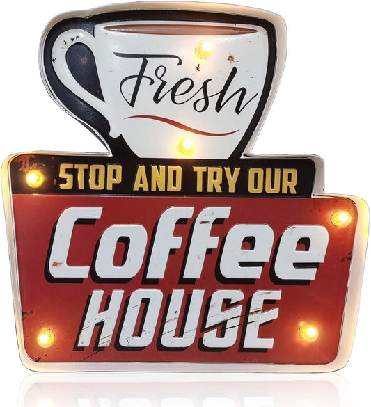 ACECAR Coffee Wall Decorations,Metal Vintage Handmade Marquee Embossed Tin Decor,Industrial Style Wall Hanging Sign,For Apartment,Home,Bar or Cafe Wall Decoration–Battery Operated (Coffee-C)