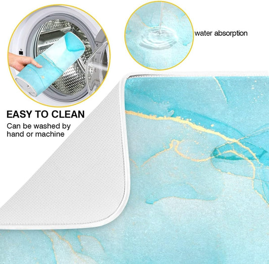 Marble Dish Drying Mat 18 X 24 Inch with Marble Texture Printing Turquoise Teal Drying Mat High Absorbent Reversible Microfiber Dish Drying Rack Pad Dish Drainer Mats for Countertop Kitchen Decor