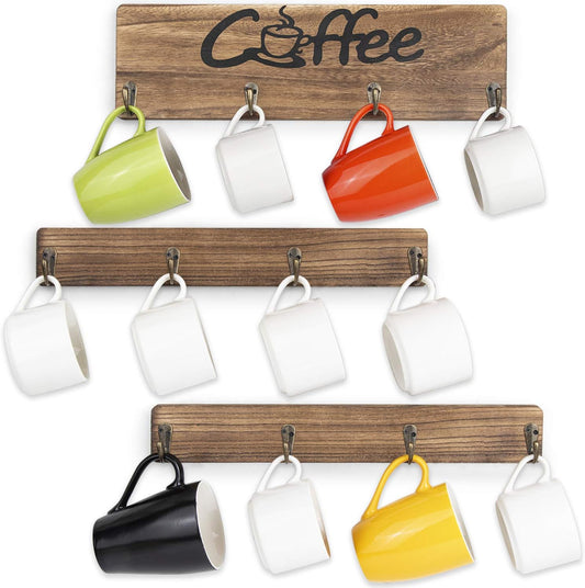 Olakee Coffee Mug Holder, Rustic Mug Rack Wall Mounted with Coffee Sign- 12 Coffee Cup Hangers for Kitchen Organizer, Coffee Nook Decor (Carbonized Black)